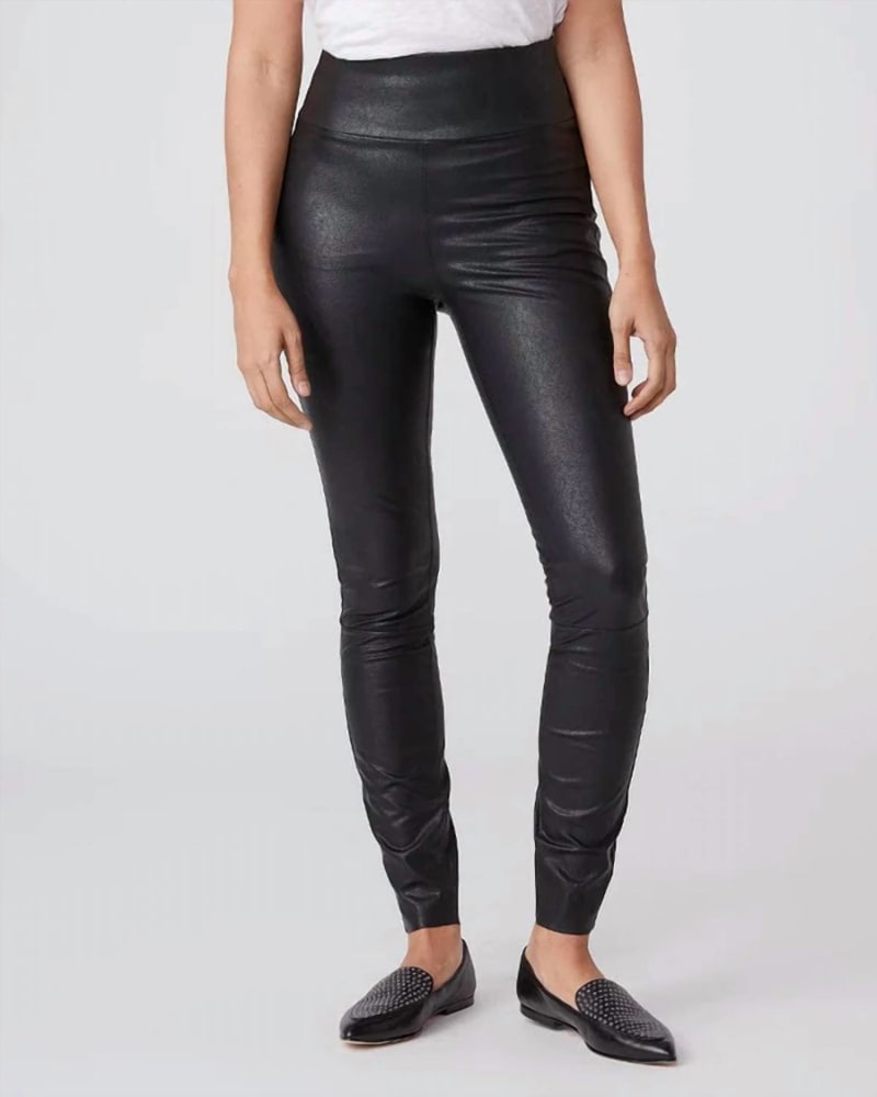 Front of a model wearing a size L Sheena Leather Legging in Black in Black by Paige. | dia_product_style_image_id:343411